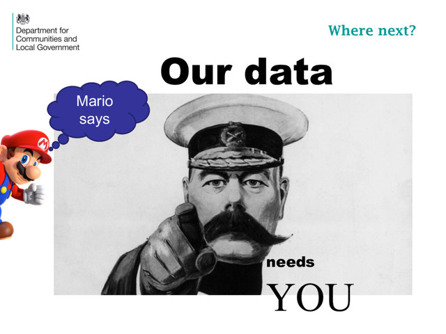 needs
YOU
Our data
Where next?
Mario  
says
