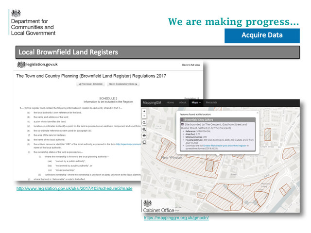 Local	  Brownfield	  Land	  Registers
We are making progress…
http://www.legislation.gov.uk/uksi/2017/403/schedule/2/made
https://mappinggm.org.uk/gmodin/
Acquire	  Data

