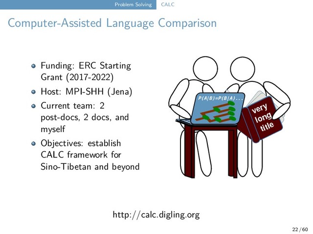 Problem Solving CALC
Computer-Assisted Language Comparison
very
long
title
P(A|B)=P(B|A)...
Funding: ERC Starting
Grant (2017-2022)
Host: MPI-SHH (Jena)
Current team: 2
post-docs, 2 docs, and
myself
Objectives: establish
CALC framework for
Sino-Tibetan and beyond
http://calc.digling.org
22 / 60
