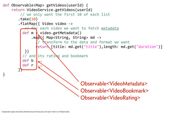 def	  Observable	  getVideos(userId)	  {
	  	  	  	  return	  VideoService.getVideos(userId)
	  	  	  	  	  	  	  	  //	  we	  only	  want	  the	  first	  10	  of	  each	  list
	  	  	  	  	  	  	  .take(10)
	  	  	  	  	  	  	  .flatMap({	  Video	  video	  -­‐>	  
	  	  	  	  	  	  	  	  	  	  //	  for	  each	  video	  we	  want	  to	  fetch	  metadata
	  	  	  	  	  	  	  	  	  def	  m	  =	  video.getMetadata()
	  	  	  	  	  	  	  	  	  	  	  	  	  .map({	  Map	  md	  -­‐>	  
	  	  	  	  	  	  	  	  	  	  	  	  	  	  	  //	  transform	  to	  the	  data	  and	  format	  we	  want
	  	  	  	  	  	  	  	  	  	  	  	  	  	  	  return	  [title:	  md.get("title"),length:	  md.get("duration")]
	  	  	  	  	  	  	  	  	  	  })
	  	  	  	  	  	  	  	  	  //	  and	  its	  rating	  and	  bookmark
	  	  	  	  	  	  	  	  	  def	  b	  ...
	  	  	  	  	  	  	  	  	  def	  r	  ...
	  	  	  	  	  	  	  })	  	  	  
}
Observable
Observable
Observable
3 separate types are being fetched asynchronously and each return an Observable.
