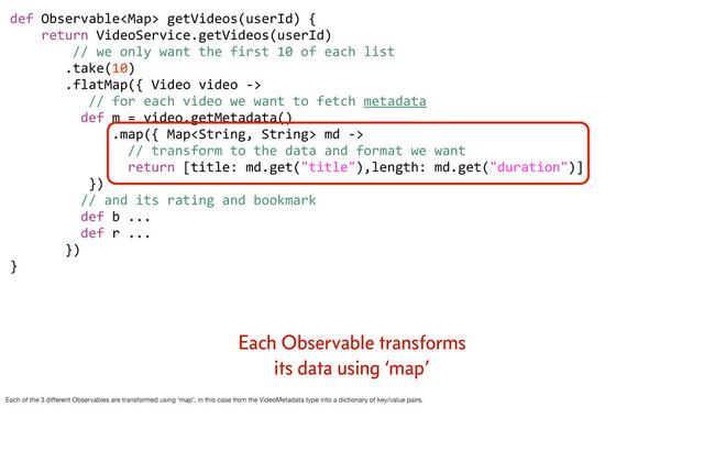 def	  Observable	  getVideos(userId)	  {
	  	  	  	  return	  VideoService.getVideos(userId)
	  	  	  	  	  	  	  	  //	  we	  only	  want	  the	  first	  10	  of	  each	  list
	  	  	  	  	  	  	  .take(10)
	  	  	  	  	  	  	  .flatMap({	  Video	  video	  -­‐>	  
	  	  	  	  	  	  	  	  	  	  //	  for	  each	  video	  we	  want	  to	  fetch	  metadata
	  	  	  	  	  	  	  	  	  def	  m	  =	  video.getMetadata()
	  	  	  	  	  	  	  	  	  	  	  	  	  .map({	  Map	  md	  -­‐>	  
	  	  	  	  	  	  	  	  	  	  	  	  	  	  	  //	  transform	  to	  the	  data	  and	  format	  we	  want
	  	  	  	  	  	  	  	  	  	  	  	  	  	  	  return	  [title:	  md.get("title"),length:	  md.get("duration")]
	  	  	  	  	  	  	  	  	  	  })
	  	  	  	  	  	  	  	  	  //	  and	  its	  rating	  and	  bookmark
	  	  	  	  	  	  	  	  	  def	  b	  ...
	  	  	  	  	  	  	  	  	  def	  r	  ...
	  	  	  	  	  	  	  })	  	  	  
}
Each Observable transforms
its data using ‘map’
Each of the 3 diﬀerent Observables are transformed using ‘map’, in this case from the VideoMetadata type into a dictionary of key/value pairs.
