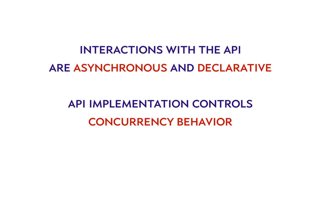 interactions with the api
are asynchronous and declarative
api implementation controls
concurrency behavior
