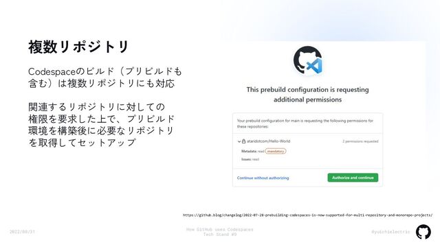 2022/08/31
How GitHub uses Codespaces
Tech Stand #9
@yuichielectric
Codespaceのビルド（プリビルドも
含む）は複数リポジトリにも対応
関連するリポジトリに対しての
権限を要求した上で、プリビルド
環境を構築後に必要なリポジトリ
を取得してセットアップ
https://github.blog/changelog/2022-07-28-prebuilding-codespaces-is-now-supported-for-multi-repository-and-monorepo-projects/
複数リポジトリ
