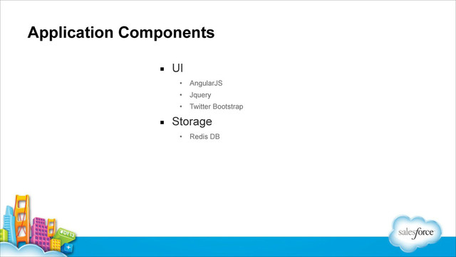 Application Components
▪ UI
• AngularJS
• Jquery
• Twitter Bootstrap
▪ Storage
• Redis DB
