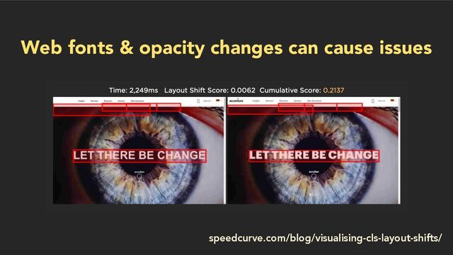 Web fonts & opacity changes can cause issues
speedcurve.com/blog/visualising-cls-layout-shifts/
