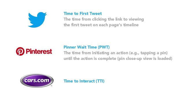 Time to First Tweet
The time from clicking the link to viewing
the first tweet on each page’s timeline
Pinner Wait Time (PWT)
The time from initiating an action (e.g., tapping a pin)
until the action is complete (pin close-up view is loaded)
Time to Interact (TTI)
