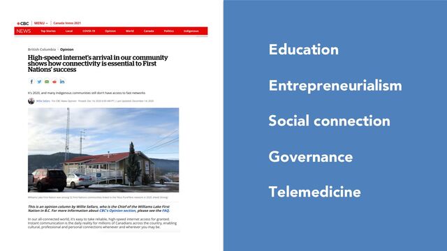 Education
Entrepreneurialism
Social connection
Governance
Telemedicine
