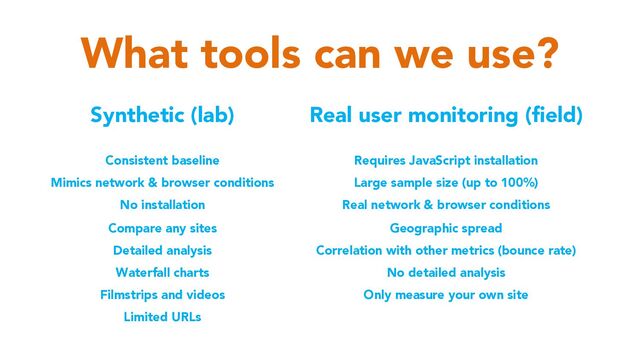 What tools can we use?
Synthetic (lab)
Consistent baseline
Mimics network & browser conditions
No installation
Compare any sites
Detailed analysis
Waterfall charts
Filmstrips and videos
Limited URLs
Real user monitoring (field)
Requires JavaScript installation
Large sample size (up to 100%)
Real network & browser conditions
Geographic spread
Correlation with other metrics (bounce rate)
No detailed analysis
Only measure your own site
