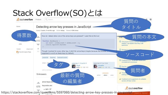 Stack Overflow(SO)とは
質問の
タイトル
質問の本文
ソースコード
質問者
タグ
得票数
https://stackoverflow.com/questions/5597060/detecting-arrow-key-presses-in-javascript
最新の質問
の編集者
