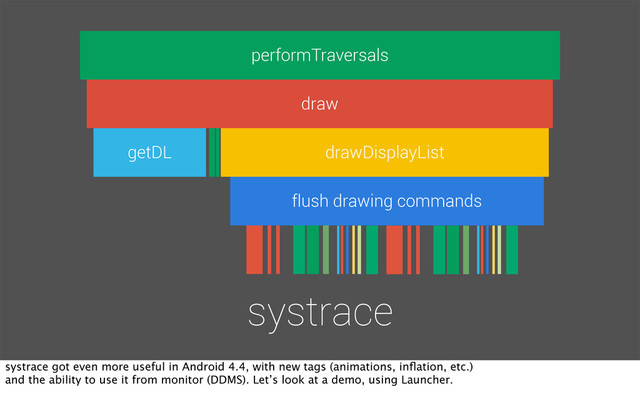 performTraversals
draw
getDL drawDisplayList
systrace
flush drawing commands
systrace got even more useful in Android 4.4, with new tags (animations, inﬂation, etc.)
and the ability to use it from monitor (DDMS). Let’s look at a demo, using Launcher.
