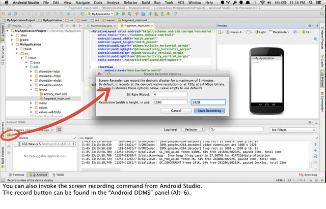 You can also invoke the screen recording command from Android Studio.
The record button can be found in the “Android DDMS” panel (Alt-6).
