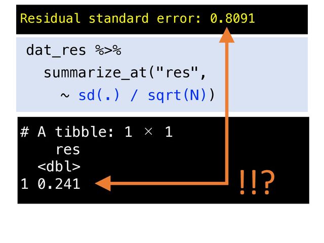 dat_res %>%
summarize_at("res",
~ sd(.) / sqrt(N))
Residual standard error: 0.8091
# A tibble: 1 × 1
res

1 0.241 !!?
