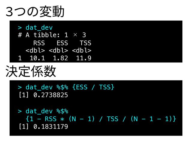 > dat_dev
# A tibble: 1 × 3
RSS ESS TSS
  
1 10.1 1.82 11.9
3つの変動
> dat_dev %$% {ESS / TSS}
[1] 0.2738825
決定係数
> dat_dev %$%
{1 - RSS * (N - 1) / TSS / (N - 1 - 1)}
[1] 0.1831179
