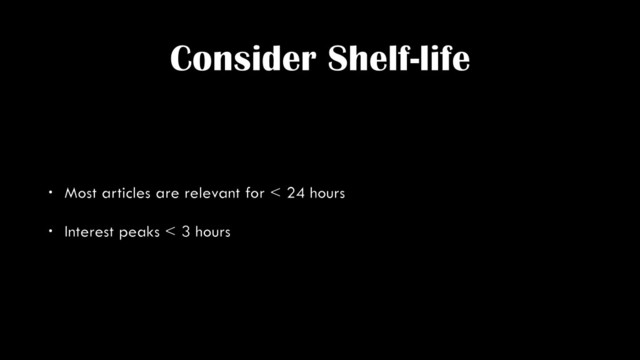 Consider Shelf-life
• Most articles are relevant for < 24 hours
• Interest peaks < 3 hours
