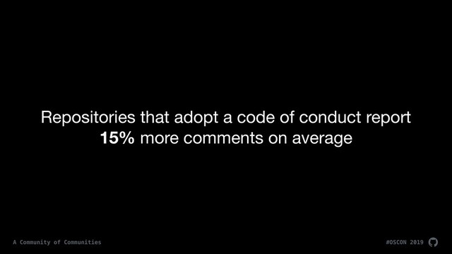 Repositories that adopt a code of conduct report
15% more comments on average
#OSCON 2019
A Community of Communities

