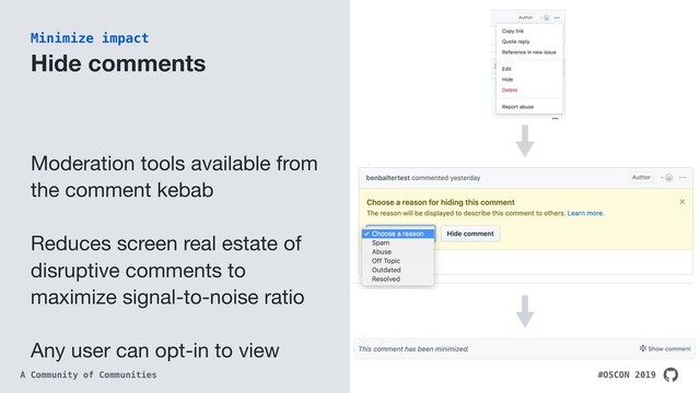 #OSCON 2019
A Community of Communities
Hide comments
Moderation tools available from
the comment kebab

Reduces screen real estate of
disruptive comments to
maximize signal-to-noise ratio

Any user can opt-in to view
Minimize impact
