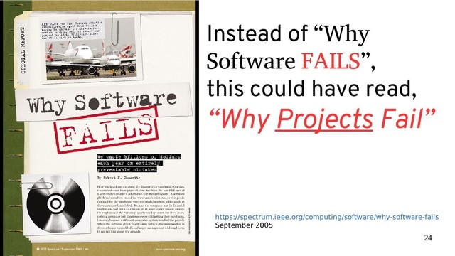 24
Instead of “Why
Software FAILS”,
this could have read,
“Why Projects Fail”
https://spectrum.ieee.org/computing/software/why-software-fails
September 2005
