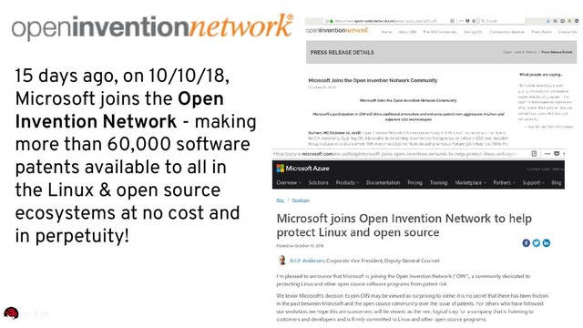 15 days ago, on 10/10/18,
Microsoft joins the Open
Invention Network - making
more than 60,000 software
patents available to all in
the Linux & open source
ecosystems at no cost and
in perpetuity!
