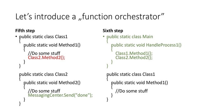Let’s introduce a „function orchestrator”
Fifth step
• public static class Class1
{
public static void Method1()
{
//Do some stuff
Class2.Method2();
}
}
public static class Class2
{
public static void Method2()
{
//Do some stuff
MessagingCenter.Send("done");
}
}
Sixth step
• public static class Main
{
public static void HandleProcess1()
{
Class1.Method1();
Class2.Method2();
}
}
public static class Class1
{
public static void Method1()
{
//Do some stuff
}
}
