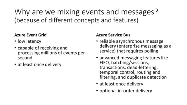 Why are we mixing events and messages?
(because of different concepts and features)
Azure Event Grid
• low latency
• capable of receiving and
processing millions of events per
second
• at least once delivery
Azure Service Bus
• reliable asynchronous message
delivery (enterprise messaging as a
service) that requires polling
• advanced messaging features like
FIFO, batching/sessions,
transactions, dead-lettering,
temporal control, routing and
filtering, and duplicate detection
• at least once delivery
• optional in-order delivery
