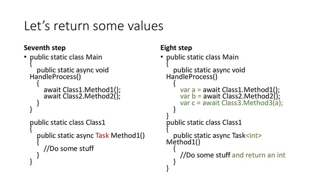 Let’s return some values
Seventh step
• public static class Main
{
public static async void
HandleProcess()
{
await Class1.Method1();
await Class2.Method2();
}
}
public static class Class1
{
public static async Task Method1()
{
//Do some stuff
}
}
Eight step
• public static class Main
{
public static async void
HandleProcess()
{
var a = await Class1.Method1();
var b = await Class2.Method2();
var c = await Class3.Method3(a);
}
}
public static class Class1
{
public static async Task
Method1()
{
//Do some stuff and return an int
}
}
