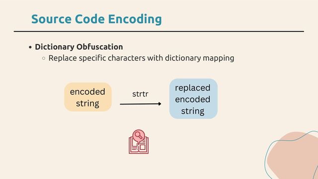 encoded
string
replaced
encoded
string
strtr
Dictionary Obfuscation
Replace specific characters with dictionary mapping
Source Code Encoding
