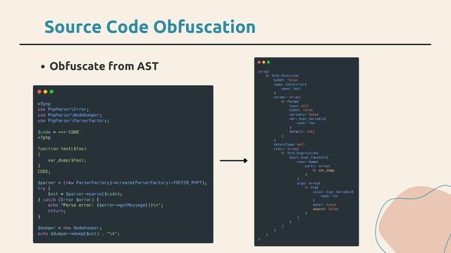 Obfuscate from AST
Source Code Obfuscation
