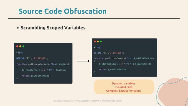 Dynamic Variables
Included Files
Compact, Extract Functions
Scrambling Scoped Variables
Source Code Obfuscation
(Example Reference: PHP
代码加密技术 of
郭新华 in PHPCON2018 China)

