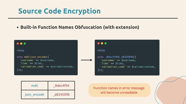 md5 _8dec4f04
json_encode _a834509b
Built-in Function Names Obfuscation (with extension)
Source Code Encryption
Function names in error message
will become unreadable
