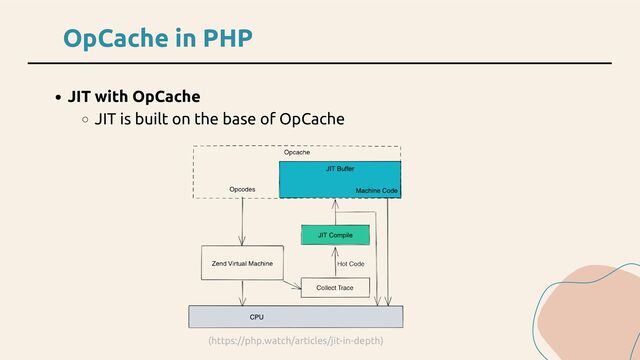 OpCache in PHP
JIT with OpCache
JIT is built on the base of OpCache
(https://php.watch/articles/jit-in-depth)

