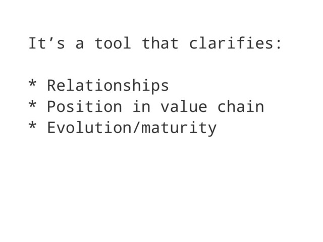 It’s a tool that clarifies:
* Relationships
* Position in value chain
* Evolution/maturity
