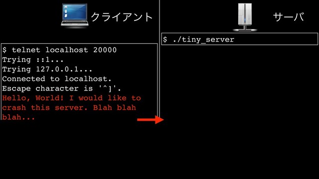 $ telnet localhost 20000
Trying ::1...
Trying 127.0.0.1...
Connected to localhost.
Escape character is '^]'.
Hello, World! I would like to
crash this server. Blah blah
blah...
Hello, World! I would like to
crash this server. Blah blah
blah...
Connection closed by foreign
host.
ΫϥΠΞϯτ αʔό
$ ./tiny_server
Segmentation fault
αʔό͕ࢮΜͩ
