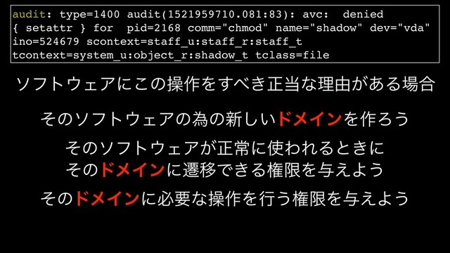 audit: type=1400 audit(1521959710.081:83): avc: denied
{ setattr } for pid=2168 comm="chmod" name="shadow" dev="vda"
ino=524679 scontext=staff_u:staff_r:staff_t
tcontext=system_u:object_r:shadow_t tclass=file
ιϑτ΢ΣΞʹ͜ͷૢ࡞Λ͢΂͖ਖ਼౰ͳཧ༝͕͋Δ৔߹
ͦͷιϑτ΢ΣΞͷҝͷ৽͍͠υϝΠϯΛ࡞Ζ͏
ͦͷιϑτ΢ΣΞ͕ਖ਼ৗʹ࢖ΘΕΔͱ͖ʹ
ͦͷυϝΠϯʹભҠͰ͖ΔݖݶΛ༩͑Α͏
ͦͷυϝΠϯʹඞཁͳૢ࡞Λߦ͏ݖݶΛ༩͑Α͏

