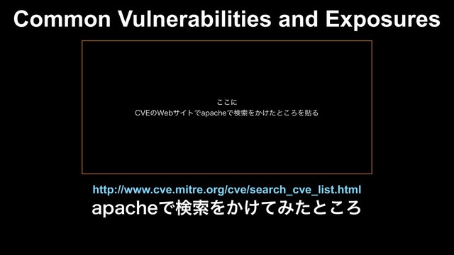 Common Vulnerabilities and Exposures
BQBDIFͰݕࡧΛ͔͚ͯΈͨͱ͜Ζ
http://www.cve.mitre.org/cve/search_cve_list.html
͜͜ʹ
$7&ͷ8FCαΠτͰBQBDIFͰݕࡧΛ͔͚ͨͱ͜ΖΛషΔ
