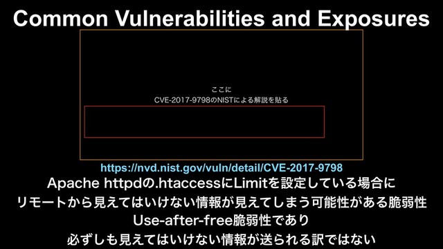 ͜͜ʹ
$7&ͷ/*45ʹΑΔղઆΛషΔ
Common Vulnerabilities and Exposures
"QBDIFIUUQEͷIUBDDFTTʹ-JNJUΛઃఆ͍ͯ͠Δ৔߹ʹ
ϦϞʔτ͔Βݟ͑ͯ͸͍͚ͳ͍৘ใ͕ݟ͑ͯ͠·͏Մೳੑ͕͋Δ੬ऑੑ
6TFBGUFSGSFF੬ऑੑͰ͋Γ
ඞͣ͠΋ݟ͑ͯ͸͍͚ͳ͍৘ใ͕ૹΒΕΔ༁Ͱ͸ͳ͍
https://nvd.nist.gov/vuln/detail/CVE-2017-9798
