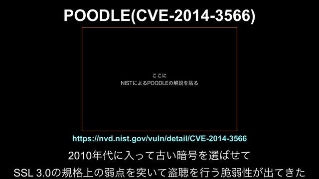 POODLE(CVE-2014-3566)
https://nvd.nist.gov/vuln/detail/CVE-2014-3566
2010೥୅ʹೖͬͯݹ͍҉߸Λબ͹ͤͯ
SSL 3.0ͷن্֨ͷऑ఺Λಥ͍ͯ౪ௌΛߦ͏੬ऑੑ͕ग़͖ͯͨ
͜͜ʹ
/*45ʹΑΔ100%-&ͷղઆΛషΔ
