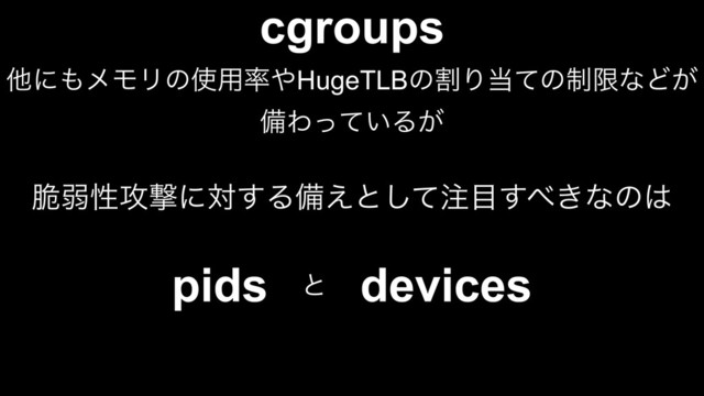 cgroups
ଞʹ΋ϝϞϦͷ࢖༻཰΍HugeTLBͷׂΓ౰ͯͷ੍ݶͳͲ͕
උΘ͍ͬͯΔ͕
੬ऑੑ߈ܸʹର͢Δඋ͑ͱͯ͠஫໨͢΂͖ͳͷ͸
pids devices
ͱ
