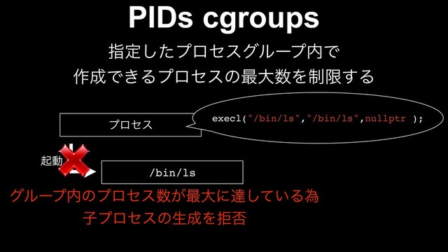 PIDs cgroups
ࢦఆͨ͠ϓϩηεάϧʔϓ಺Ͱ
࡞੒Ͱ͖Δϓϩηεͷ࠷େ਺Λ੍ݶ͢Δ
ϓϩηε
/bin/ls
execl("/bin/ls","/bin/ls",nullptr );
ىಈ
άϧʔϓ಺ͷϓϩηε਺͕࠷େʹୡ͍ͯ͠Δҝ
ࢠϓϩηεͷੜ੒Λڋ൱
