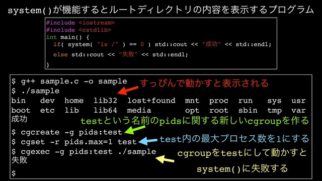 $ g++ sample.c -o sample
$ ./sample
bin dev home lib32 lost+found mnt proc run sys usr
boot etc lib lib64 media opt root sbin tmp var
੒ޭ
$ cgcreate -g pids:test
$ cgset -r pids.max=1 test
$ cgexec -g pids:test ./sample
ࣦഊ
$
#include 
#include 
int main() {
if( system( "ls /" ) == 0 ) std::cout << "੒ޭ" << std::endl;
else std::cout << "ࣦഊ" << std::endl;
}
system()͕ػೳ͢ΔͱϧʔτσΟϨΫτϦͷ಺༰Λදࣔ͢ΔϓϩάϥϜ
ͬ͢ͽΜͰಈ͔͢ͱදࣔ͞ΕΔ
testͱ͍͏໊લͷpidsʹؔ͢Δ৽͍͠cgroupΛ࡞Δ
test಺ͷ࠷େϓϩηε਺Λ1ʹ͢Δ
cgroupΛtestʹͯ͠ಈ͔͢ͱ
system()ʹࣦഊ͢Δ

