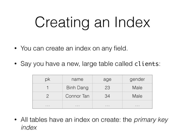 Creating an Index
• You can create an index on any ﬁeld.
• Say you have a new, large table called clients:
pk name age gender
1 Binh Dang 23 Male
2 Connor Tan 34 Male
… … … …
• All tables have an index on create: the primary key
index
