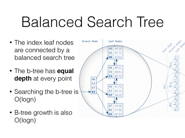 Balanced Search Tree
• The index leaf nodes
are connected by a
balanced search tree
• The b-tree has equal
depth at every point
• Searching the b-tree is
O(logn)
• B-tree growth is also
O(logn)
