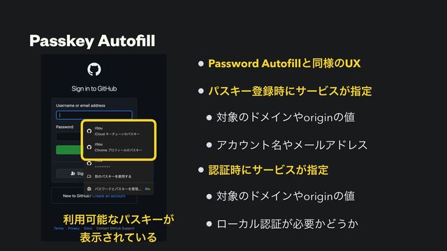 Passkey Auto
fi
ll
Password Auto
fi
llͱಉ༷ͷUX


ύεΩʔొ࿥࣌ʹαʔϏε͕ࢦఆ


ର৅ͷυϝΠϯ΍originͷ஋


ΞΧ΢ϯτ໊΍ϝʔϧΞυϨε


ೝূ࣌ʹαʔϏε͕ࢦఆ


ର৅ͷυϝΠϯ΍originͷ஋


ϩʔΧϧೝূ͕ඞཁ͔Ͳ͏͔
ར༻ՄೳͳύεΩʔ͕


දࣔ͞Ε͍ͯΔ
