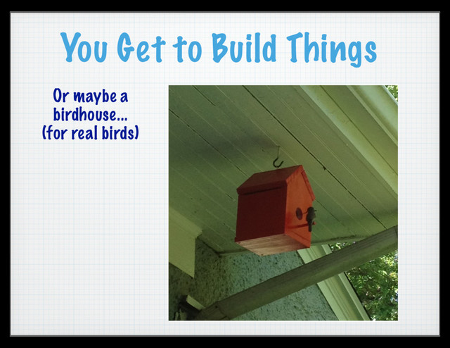 You Get to Build Things
Or maybe a
birdhouse...
(for real birds)
