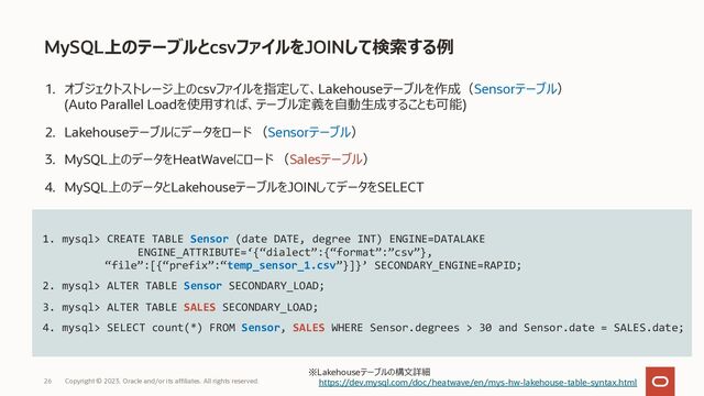 1. オブジェクトストレージ上のcsvファイルを指定して、Lakehouseテーブルを作成（Sensorテーブル）
(Auto Parallel Loadを使⽤すれば、テーブル定義を⾃動⽣成することも可能)
2. Lakehouseテーブルにデータをロード （Sensorテーブル）
3. MySQL上のデータをHeatWaveにロード （Salesテーブル）
4. MySQL上のデータとLakehouseテーブルをJOINしてデータをSELECT
MySQL上のテーブルとcsvファイルをJOINして検索する例
Copyright © 2023, Oracle and/or its affiliates. All rights reserved.
26
1. mysql> CREATE TABLE Sensor (date DATE, degree INT) ENGINE=DATALAKE
ENGINE_ATTRIBUTE=‘{“dialect”:{“format”:”csv”},
“file”:[{“prefix”:“temp_sensor_1.csv”}]}’ SECONDARY_ENGINE=RAPID;
2. mysql> ALTER TABLE Sensor SECONDARY_LOAD;
3. mysql> ALTER TABLE SALES SECONDARY_LOAD;
4. mysql> SELECT count(*) FROM Sensor, SALES WHERE Sensor.degrees > 30 and Sensor.date = SALES.date;
※Lakehouseテーブルの構⽂詳細
https://dev.mysql.com/doc/heatwave/en/mys-hw-lakehouse-table-syntax.html
