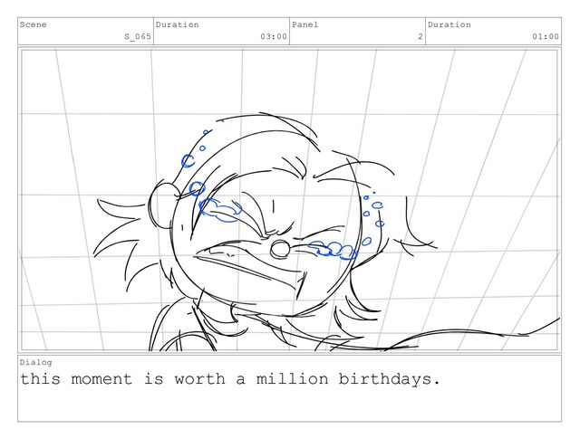 Scene
S_065
Duration
03:00
Panel
2
Duration
01:00
Dialog
this moment is worth a million birthdays.
