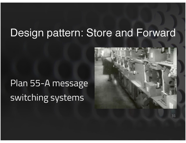 Design pattern: Store and Forward
Plan 55-A message
switching systems
31
