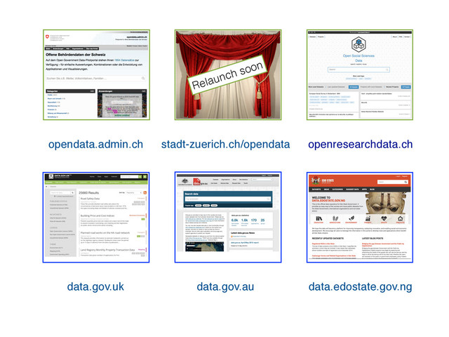 opendata.admin.ch stadt-zuerich.ch/opendata openresearchdata.ch
data.gov.uk data.gov.au data.edostate.gov.ng
Relaunch soon
