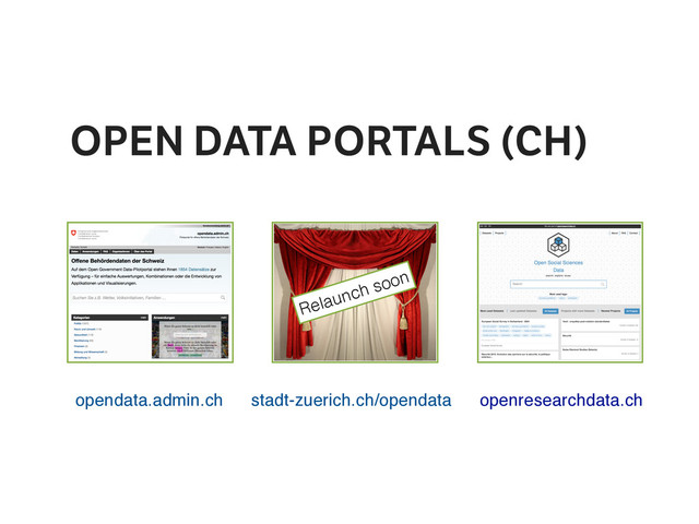 opendata.admin.ch
OPEN DATA PORTALS (CH)
stadt-zuerich.ch/opendata openresearchdata.ch
Relaunch soon
