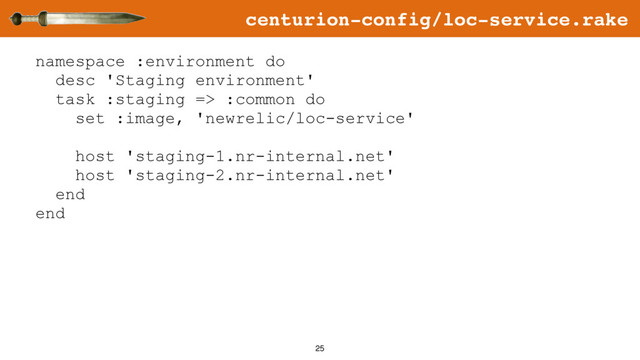 25
namespace :environment do
desc 'Staging environment'
task :staging => :common do
set :image, 'newrelic/loc-service'
host 'staging-1.nr-internal.net'
host 'staging-2.nr-internal.net'
end
end
centurion-config/loc-service.rake
