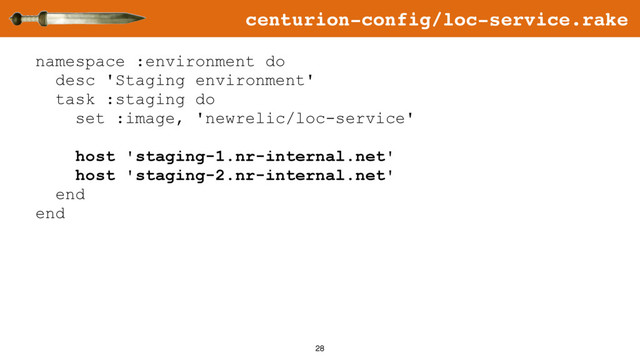 28
namespace :environment do
desc 'Staging environment'
task :staging do
set :image, 'newrelic/loc-service'
host 'staging-1.nr-internal.net'
host 'staging-2.nr-internal.net'
end
end
centurion-config/loc-service.rake

